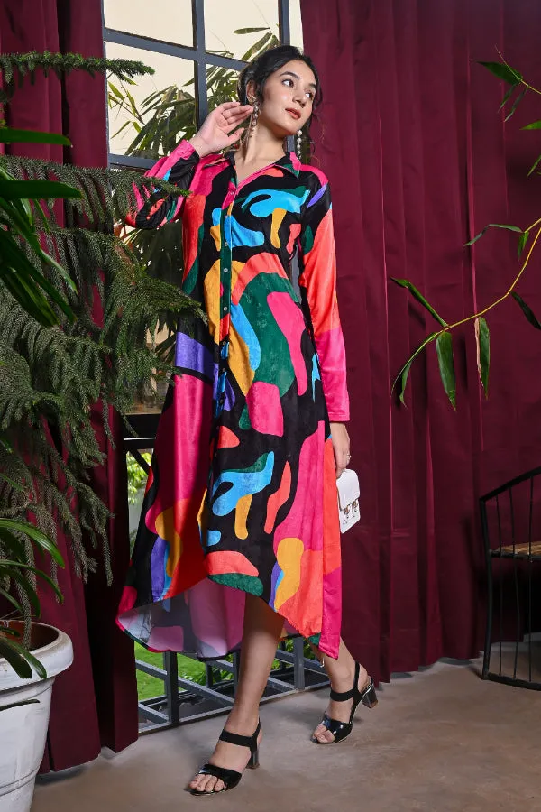 Multicoloured Abstract Print Velvet Shirt Dress