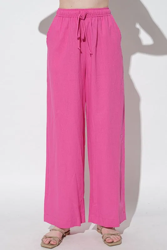 Pink Solid Straight Pants With Elastic Waist Band