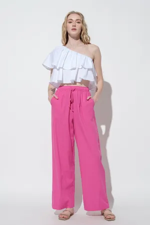Pink Solid Straight Pants With Elastic Waist Band