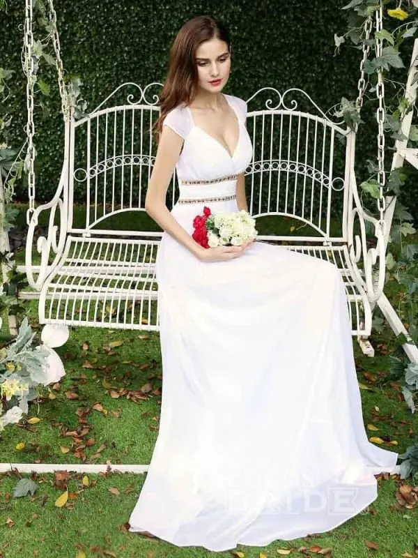 Simple V Neck Cap Sleeve Boho Wedding Dresses