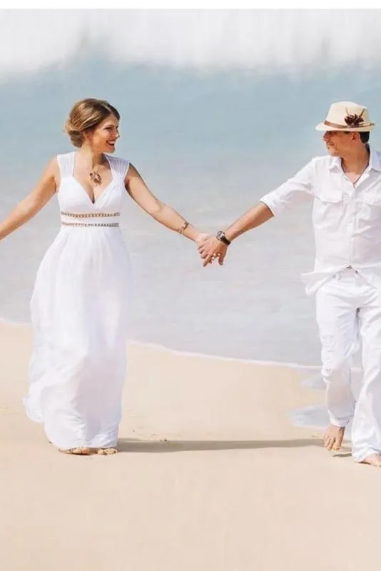 Simple V Neck Cap Sleeve Boho Wedding Dresses