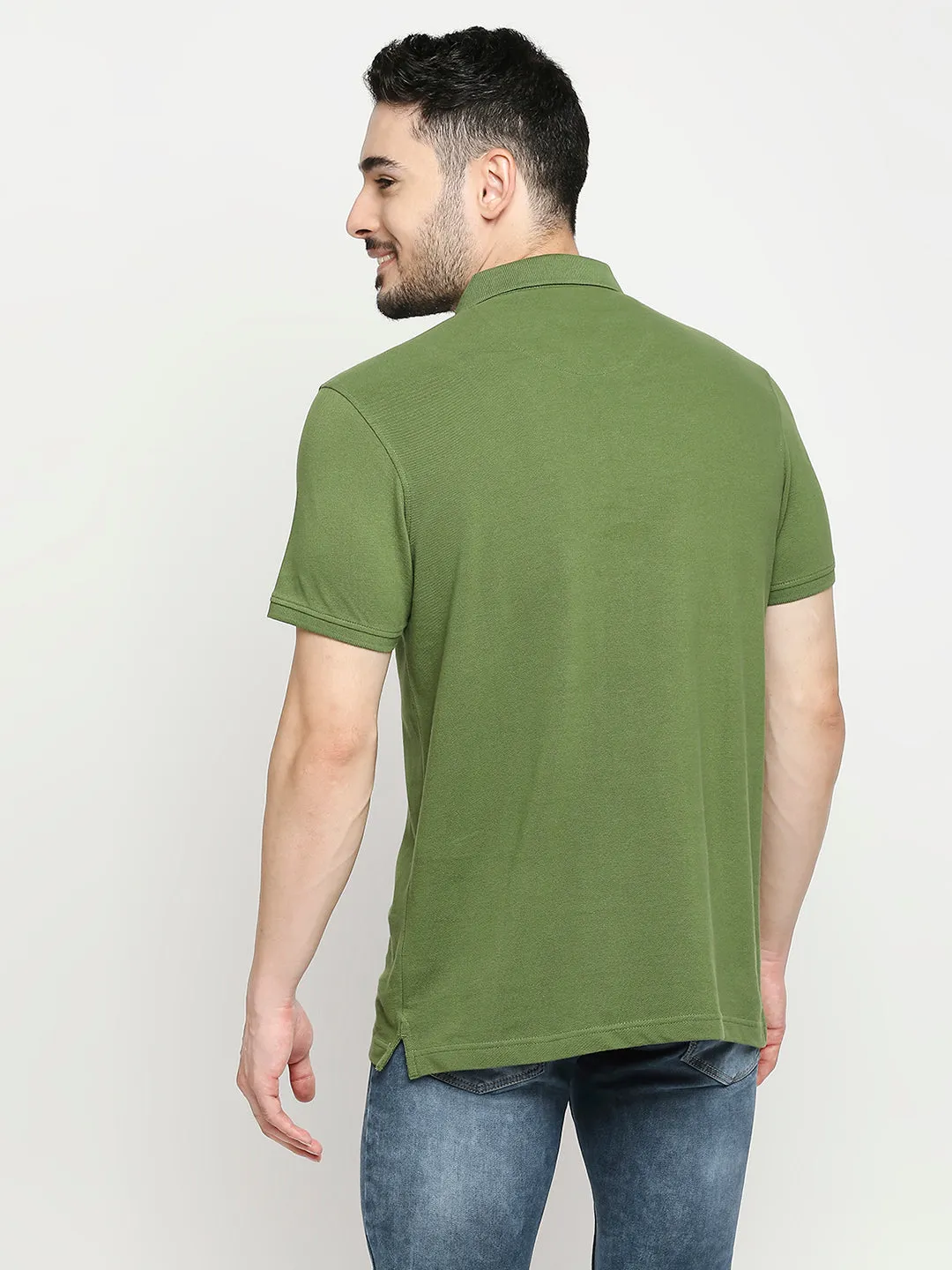 Spykar Cactus Green Cotton Half Sleeve Plain Casual Polo T-Shirts For Men