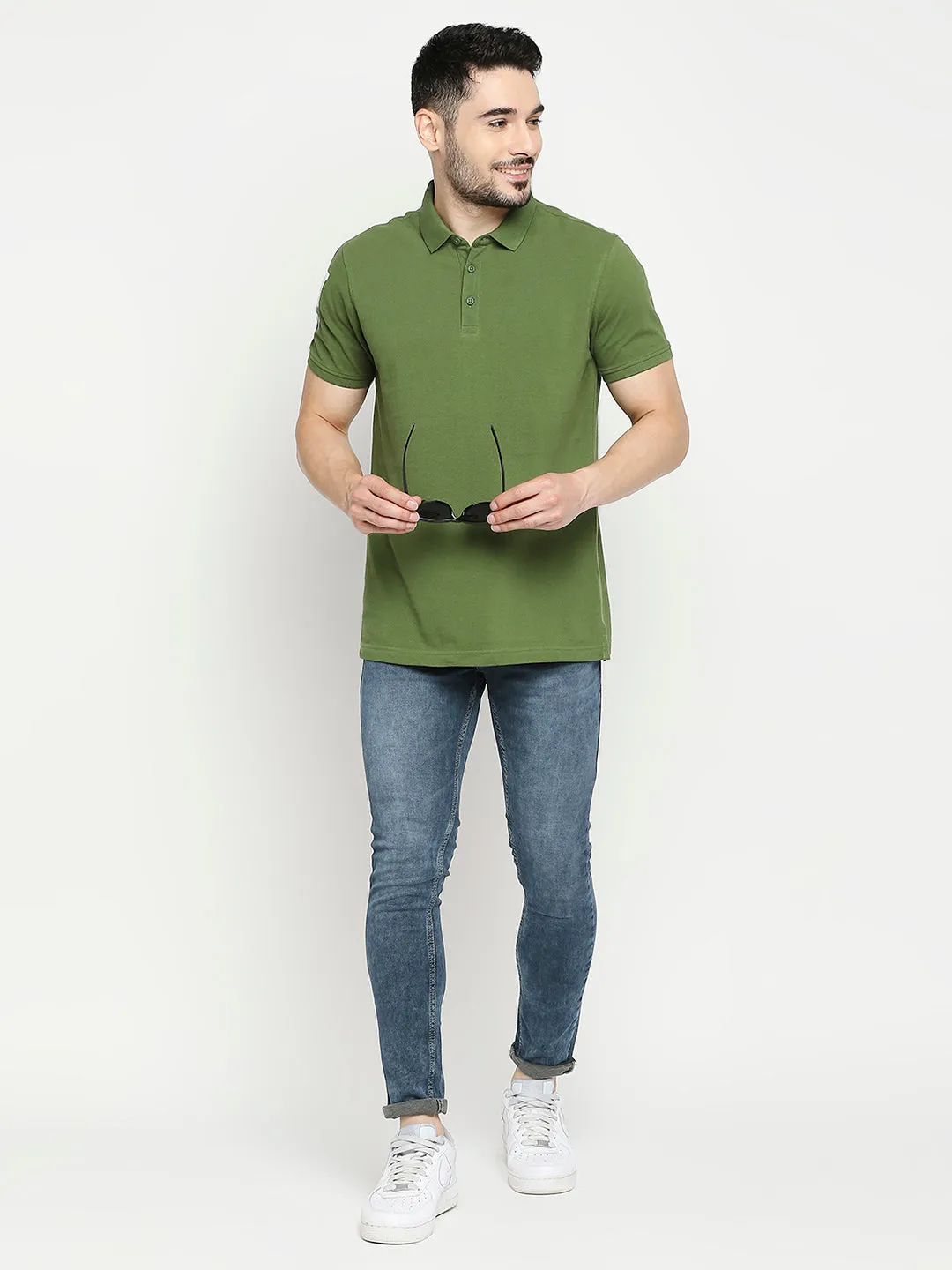 Spykar Cactus Green Cotton Half Sleeve Plain Casual Polo T-Shirts For Men