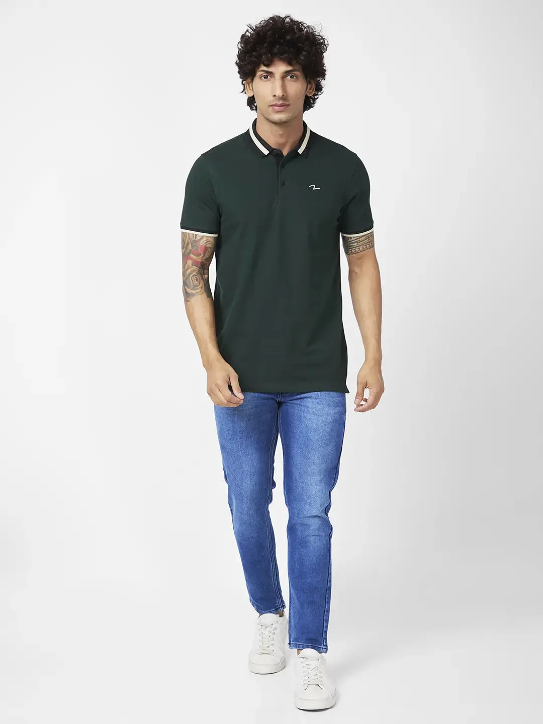 Spykar Men Bottle Green Blended Slim Fit Half Sleeve Polo Neck Casual Plain Polo Tshirt