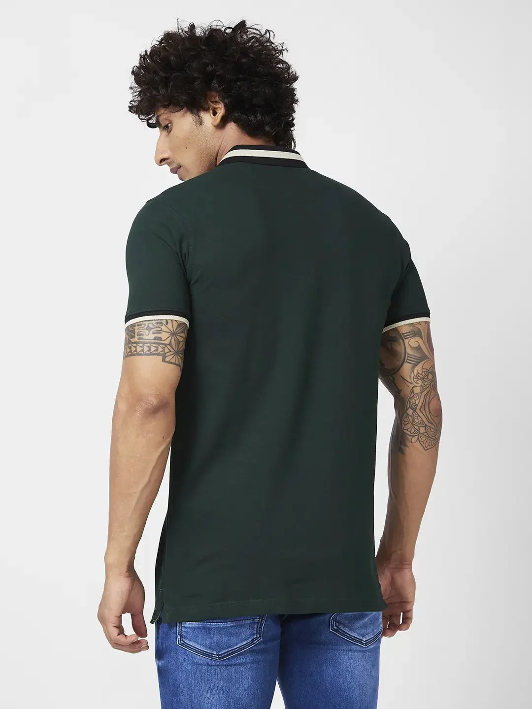 Spykar Men Bottle Green Blended Slim Fit Half Sleeve Polo Neck Casual Plain Polo Tshirt