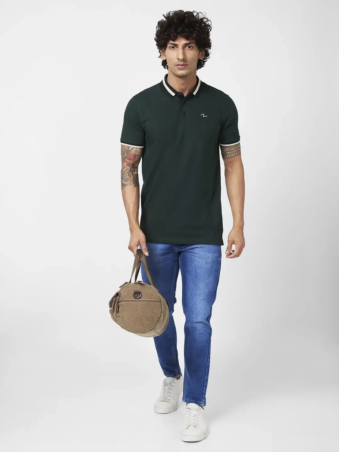 Spykar Men Bottle Green Blended Slim Fit Half Sleeve Polo Neck Casual Plain Polo Tshirt