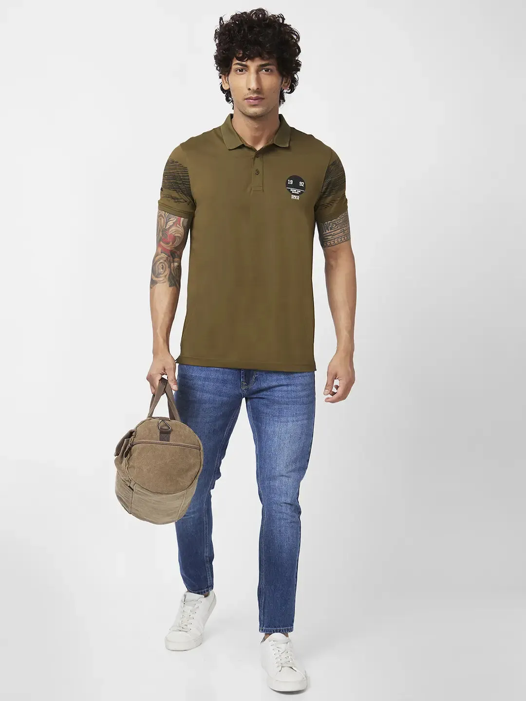Spykar Men Military Green Blended Slim Fit Half Sleeve Polo Neck Plain Tshirt