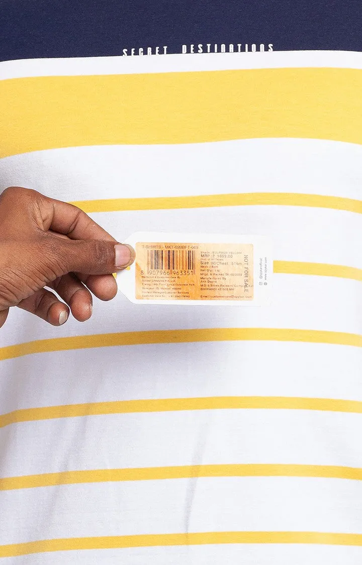 Spykar Sulphur Yellow Cotton Half Sleeve Stripes Casual T-Shirt For Men