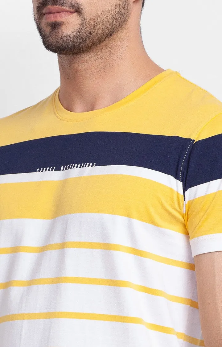Spykar Sulphur Yellow Cotton Half Sleeve Stripes Casual T-Shirt For Men
