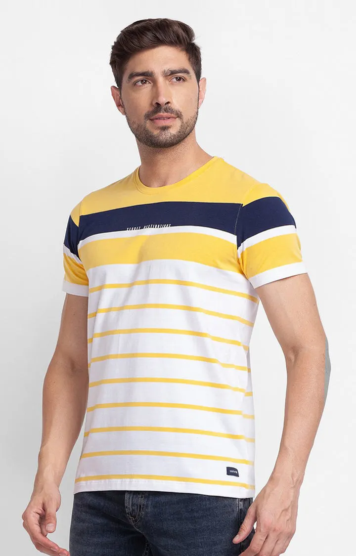 Spykar Sulphur Yellow Cotton Half Sleeve Stripes Casual T-Shirt For Men