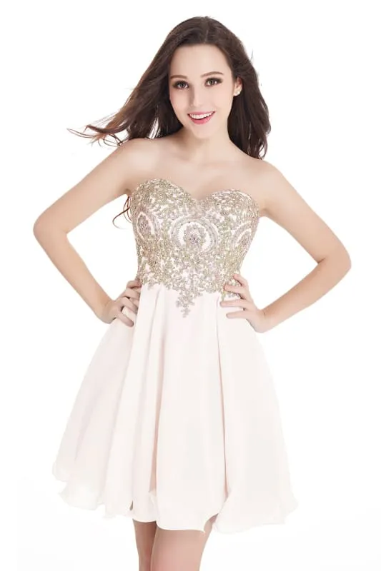 Stunning Strapless Chiffon Short Homecoming Dress Gold Appliques