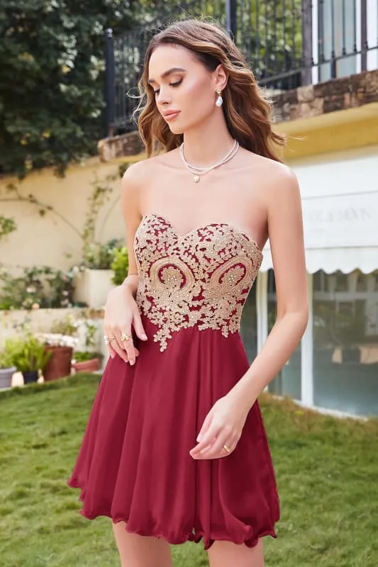 Stunning Strapless Chiffon Short Homecoming Dress Gold Appliques