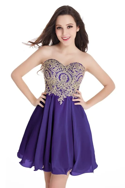 Stunning Strapless Chiffon Short Homecoming Dress Gold Appliques