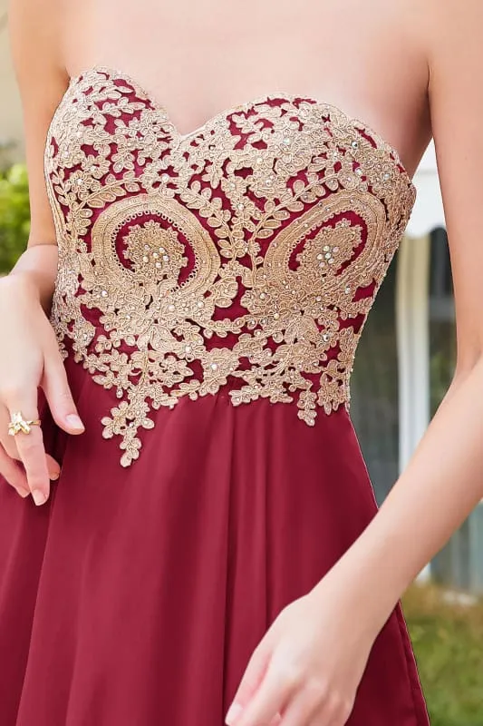 Stunning Strapless Chiffon Short Homecoming Dress Gold Appliques