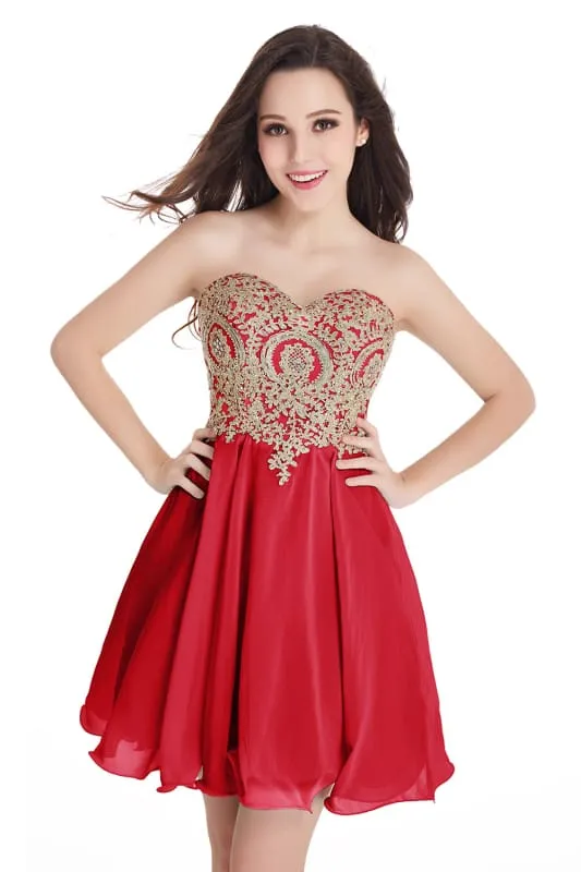 Stunning Strapless Chiffon Short Homecoming Dress Gold Appliques