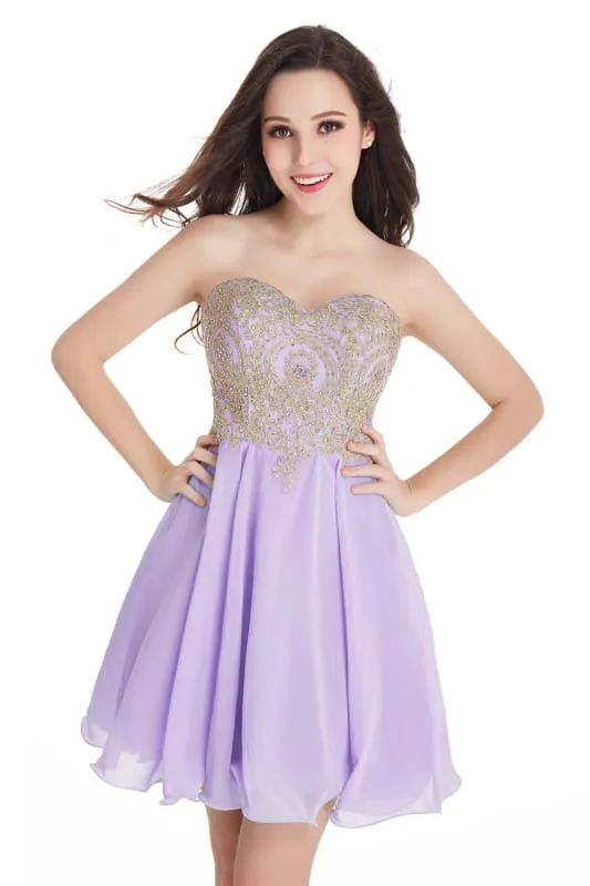 Stunning Strapless Chiffon Short Homecoming Dress Gold Appliques