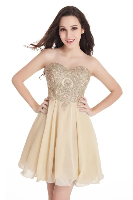 Stunning Strapless Chiffon Short Homecoming Dress Gold Appliques