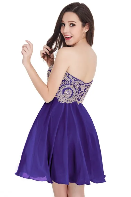 Stunning Strapless Chiffon Short Homecoming Dress Gold Appliques