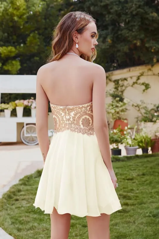Stunning Strapless Chiffon Short Homecoming Dress Gold Appliques