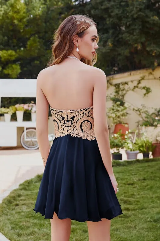 Stunning Strapless Chiffon Short Homecoming Dress Gold Appliques