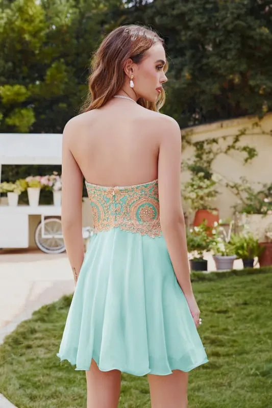 Stunning Strapless Chiffon Short Homecoming Dress Gold Appliques