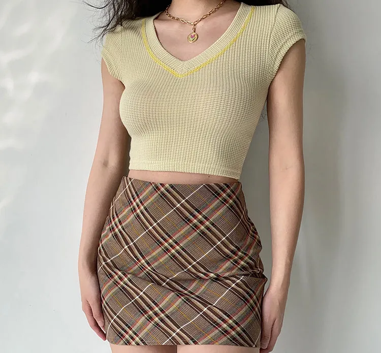 Wenkouban - Coffee Break Plaid Skirt