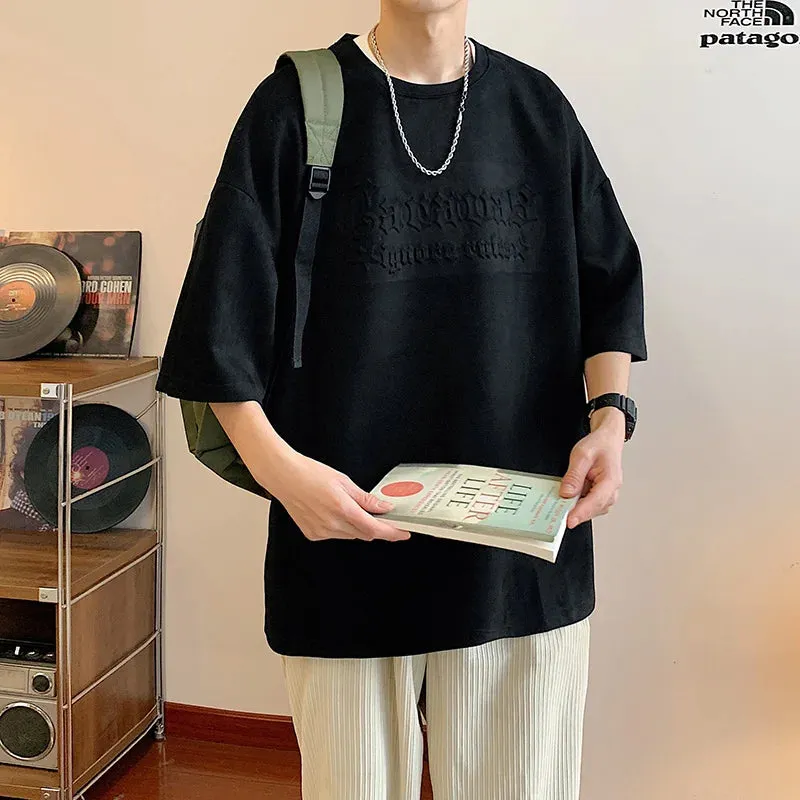 Wiaofellas  -  Letter Foming Printing Suede T-Shirt Men Summer Men's Cotton T-Shirts Streetwear Round Neck Tshirt Loose Casual Unisex Tops