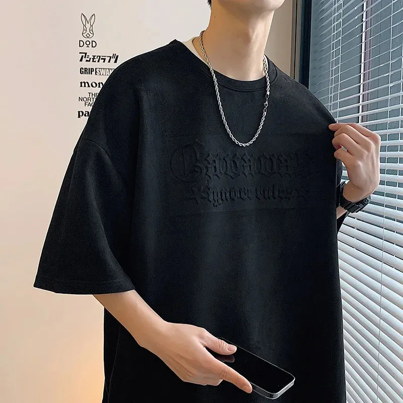 Wiaofellas  -  Letter Foming Printing Suede T-Shirt Men Summer Men's Cotton T-Shirts Streetwear Round Neck Tshirt Loose Casual Unisex Tops