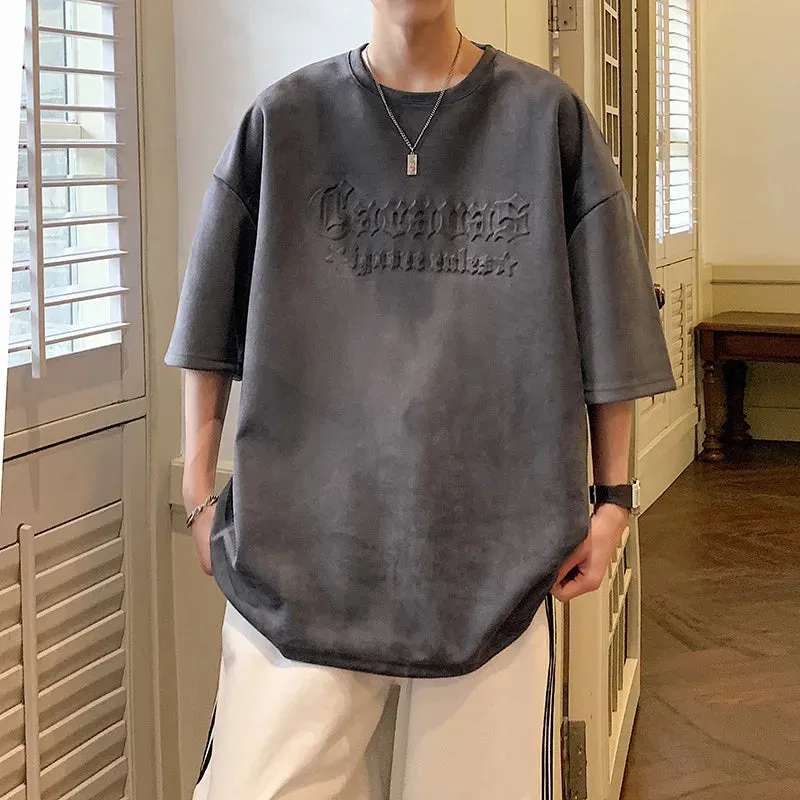 Wiaofellas  -  Letter Foming Printing Suede T-Shirt Men Summer Men's Cotton T-Shirts Streetwear Round Neck Tshirt Loose Casual Unisex Tops