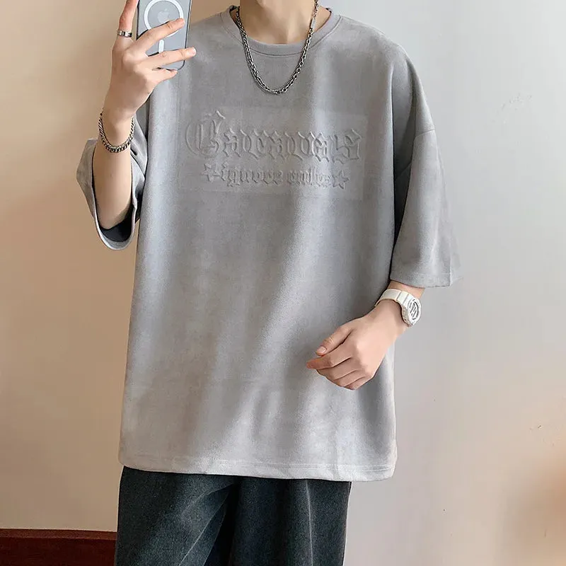 Wiaofellas  -  Letter Foming Printing Suede T-Shirt Men Summer Men's Cotton T-Shirts Streetwear Round Neck Tshirt Loose Casual Unisex Tops