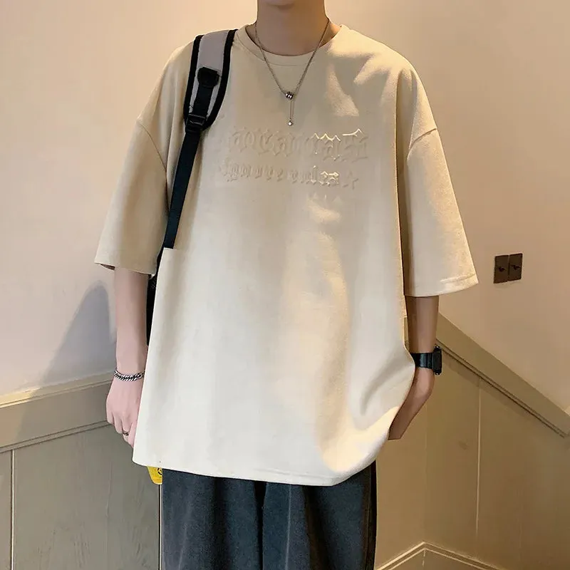 Wiaofellas  -  Letter Foming Printing Suede T-Shirt Men Summer Men's Cotton T-Shirts Streetwear Round Neck Tshirt Loose Casual Unisex Tops