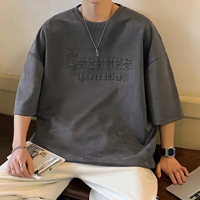 Wiaofellas  -  Letter Foming Printing Suede T-Shirt Men Summer Men's Cotton T-Shirts Streetwear Round Neck Tshirt Loose Casual Unisex Tops
