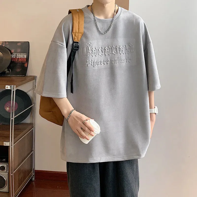 Wiaofellas  -  Letter Foming Printing Suede T-Shirt Men Summer Men's Cotton T-Shirts Streetwear Round Neck Tshirt Loose Casual Unisex Tops